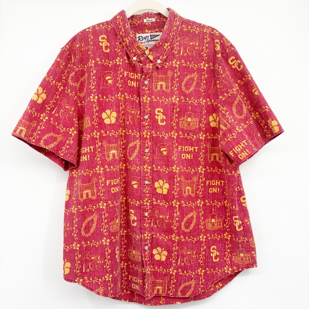 Reyn Spooner Mens USC Trojans Cardinal Red Tailored Aloha Button Down Shirt XL